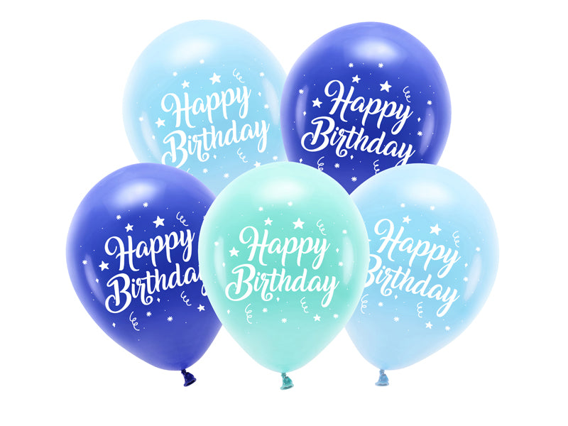 ECO Ballons 26 cm, Happy Birthday, Blau (1 VPE/ 5 Stk.) - FeierGlanz