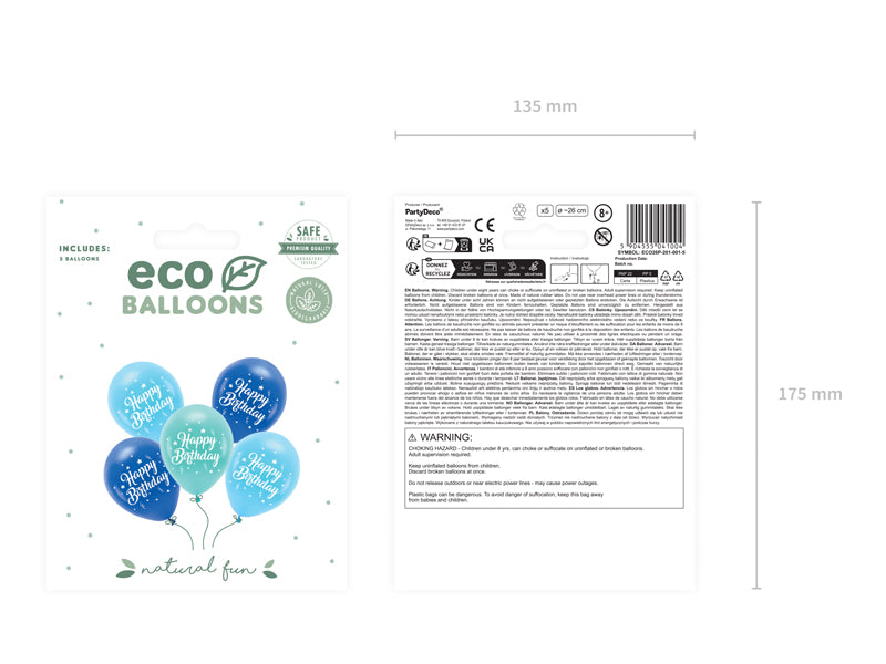 ECO Ballons 26 cm, Happy Birthday, Blau (1 VPE/ 5 Stk.) - FeierGlanz