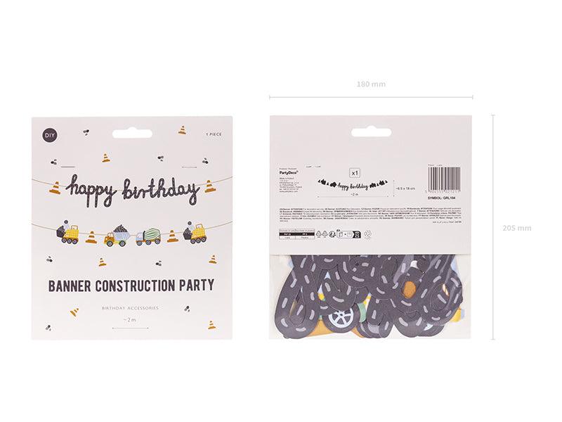Banner Happy birthday Baufahrzeuge, 2 m, Mix - FeierGlanz