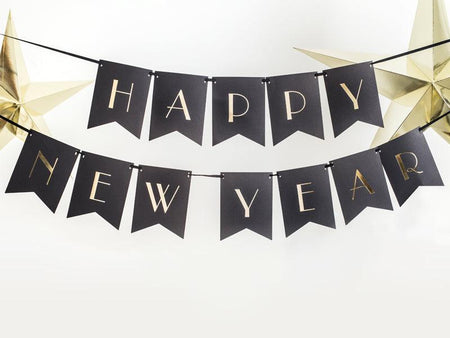 Banner Happy New Year, in Schwarz, 15 x 170 cm - FeierGlanz