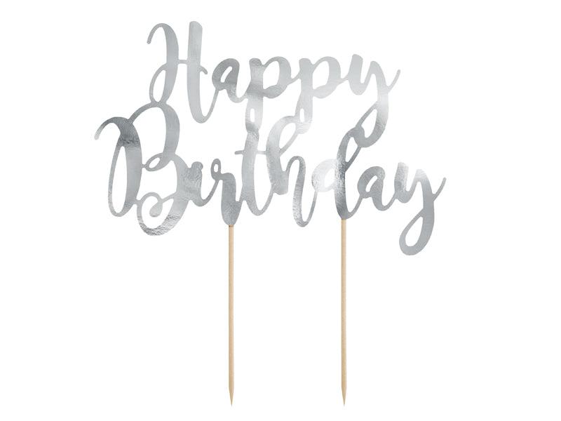 Caketopper Happy Birthday, silber, 22,5cm - FeierGlanz