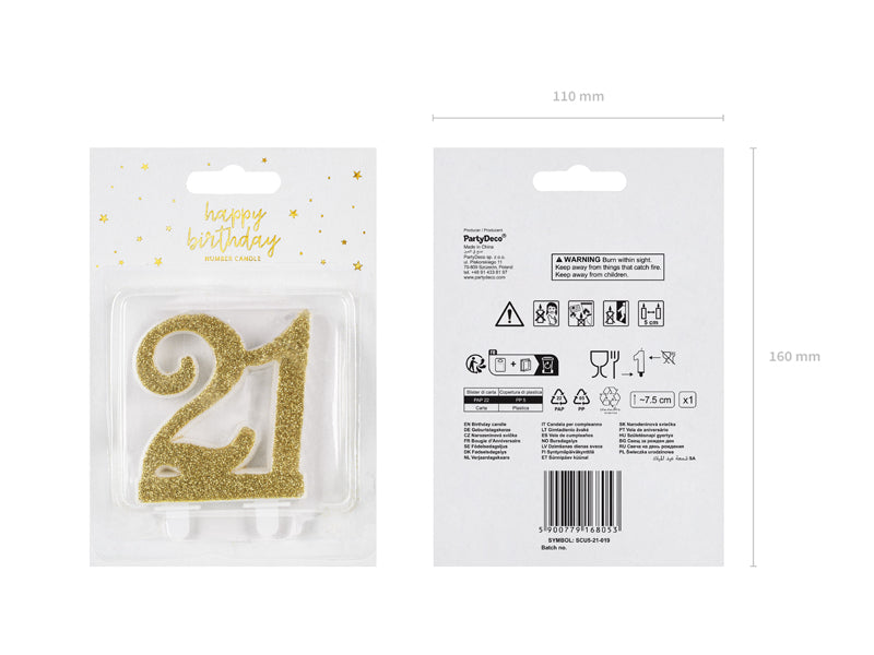 Geburtstagskerze in der Form einer Zahl, 7.5cm, in elegantem goldenen Glitzer - FeierGlanz