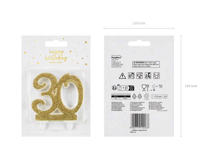 Geburtstagskerze in der Form einer Zahl, 7.5cm, in elegantem goldenen Glitzer - FeierGlanz