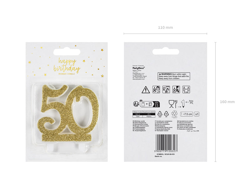 Geburtstagskerze in der Form einer Zahl, 7.5cm, in elegantem goldenen Glitzer - FeierGlanz