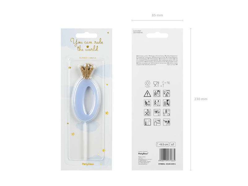 Geburtstagskerze Zahl, Hellblau mit goldener Krone, 9,5 cm - FeierGlanz