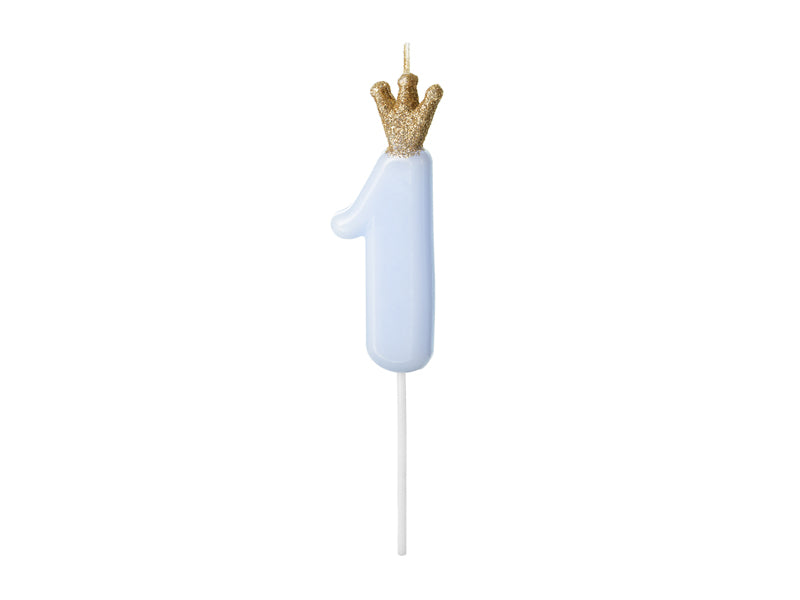 Geburtstagskerze Zahl, Hellblau mit goldener Krone, 9,5 cm - FeierGlanz