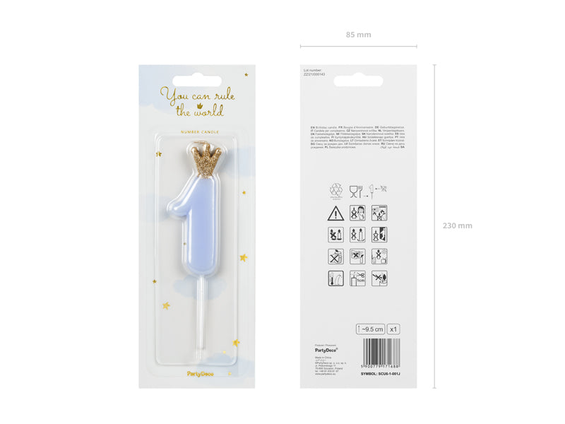 Geburtstagskerze Zahl, Hellblau mit goldener Krone, 9,5 cm - FeierGlanz