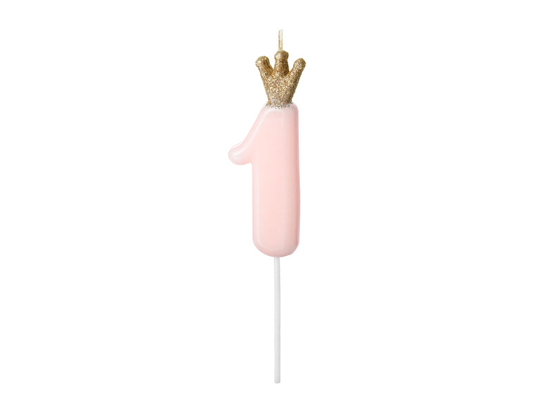 Geburtstagskerze Zahl, Hellrosa mit goldener Krone, 9,5 cm - FeierGlanz