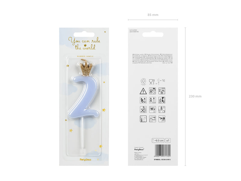 Geburtstagskerze Zahl, Hellblau mit goldener Krone, 9,5 cm - FeierGlanz