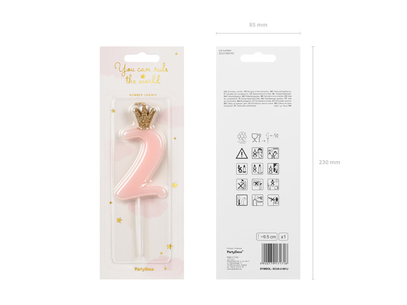 Geburtstagskerze Zahl, Hellrosa mit goldener Krone, 9,5 cm - FeierGlanz