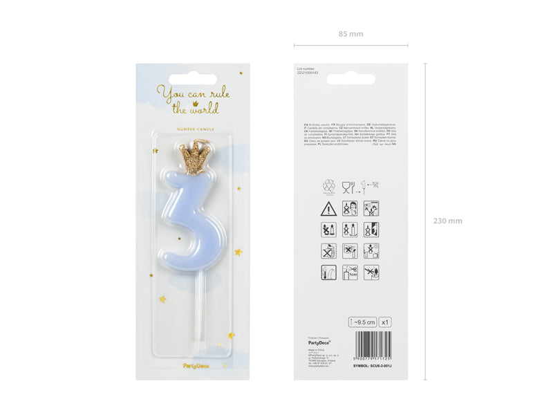 Geburtstagskerze Zahl, Hellblau mit goldener Krone, 9,5 cm - FeierGlanz
