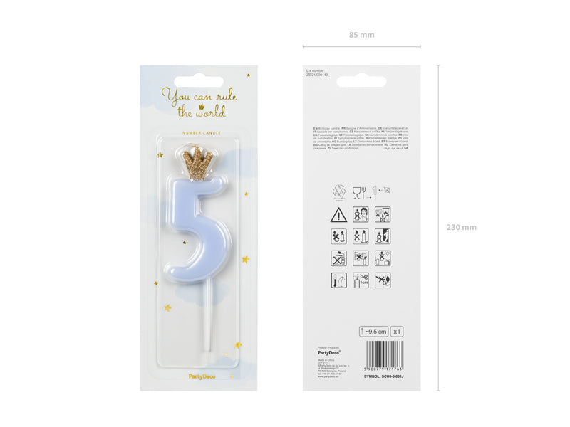 Geburtstagskerze Zahl, Hellblau mit goldener Krone, 9,5 cm - FeierGlanz