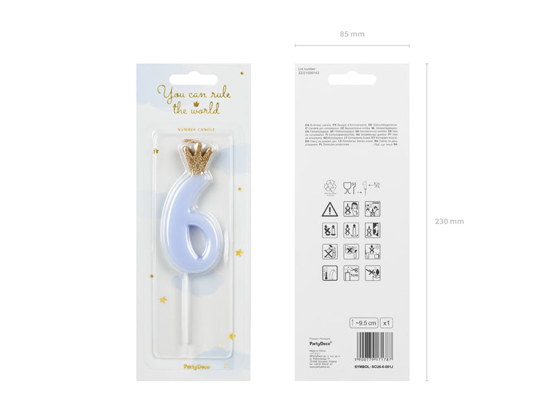 Geburtstagskerze Zahl, Hellblau mit goldener Krone, 9,5 cm - FeierGlanz
