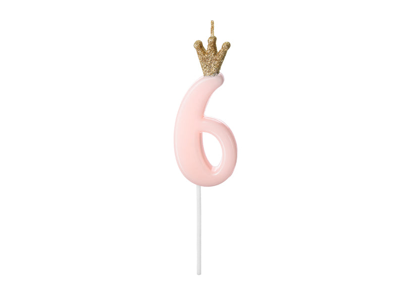Geburtstagskerze Zahl, Hellrosa mit goldener Krone, 9,5 cm - FeierGlanz