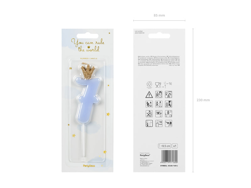 Geburtstagskerze Zahl, Hellblau mit goldener Krone, 9,5 cm - FeierGlanz