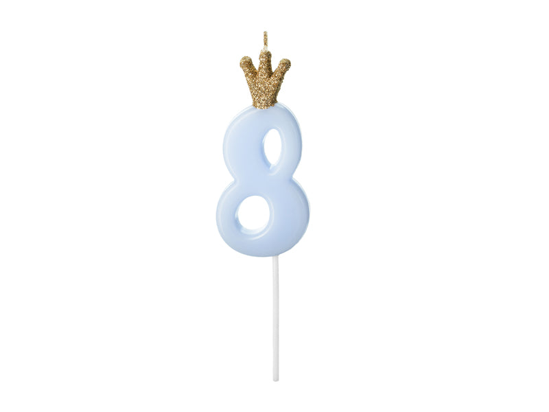 Geburtstagskerze Zahl, Hellblau mit goldener Krone, 9,5 cm - FeierGlanz