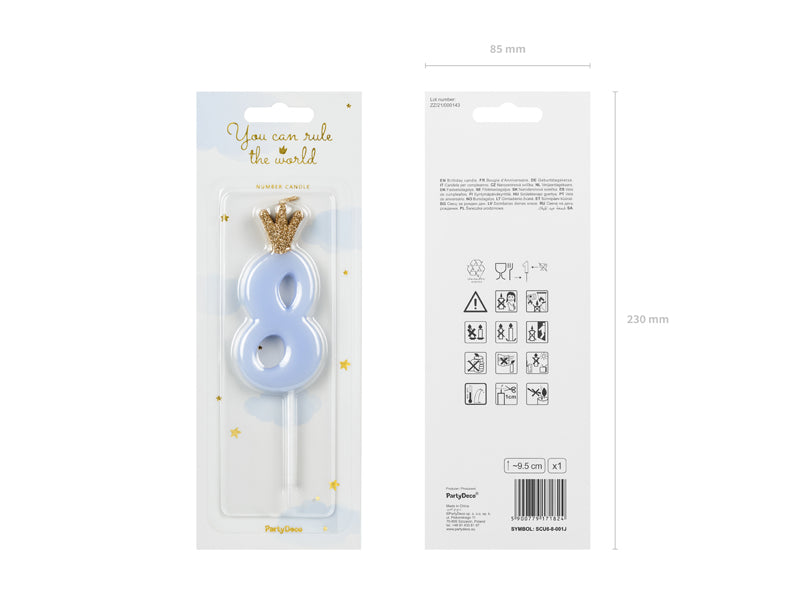 Geburtstagskerze Zahl, Hellblau mit goldener Krone, 9,5 cm - FeierGlanz