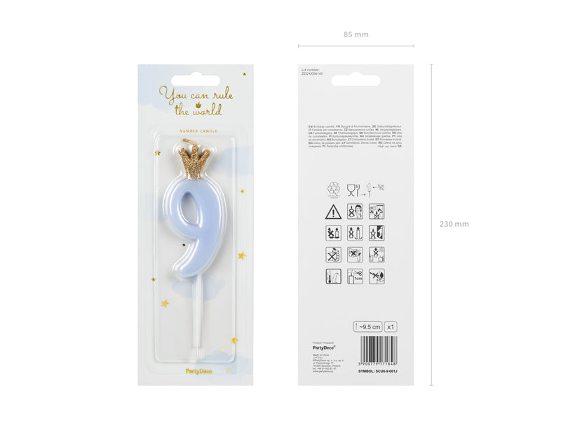 Geburtstagskerze Zahl, Hellblau mit goldener Krone, 9,5 cm - FeierGlanz