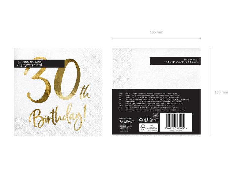 Servietten 30th Birthday, weiß, 33x33cm (1 VPE / 20 Stk.) - FeierGlanz