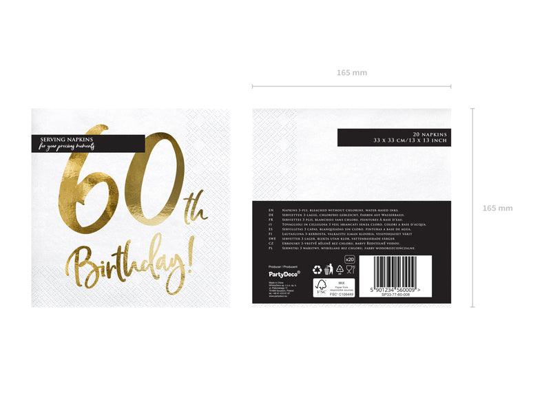 Servietten 60th Birthday, weiß, 33x33cm (1 VPE / 20 Stk.) - FeierGlanz