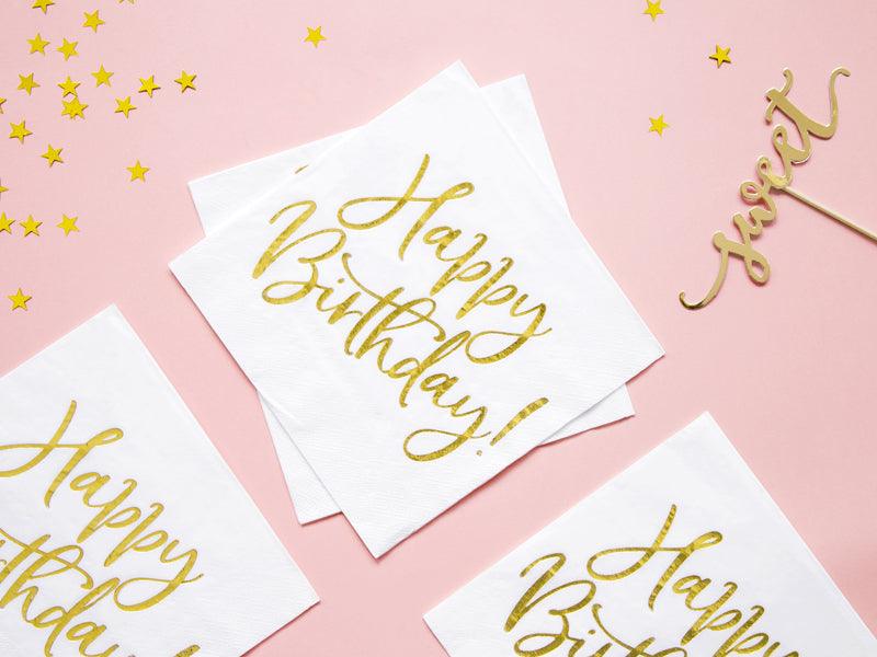 Servietten Happy Birthday, weiß, 33x33cm (1 VPE / 20 Stk.) - FeierGlanz