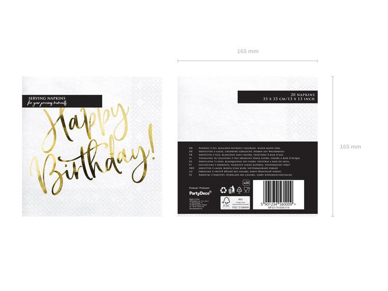Servietten Happy Birthday, weiß, 33x33cm (1 VPE / 20 Stk.) - FeierGlanz