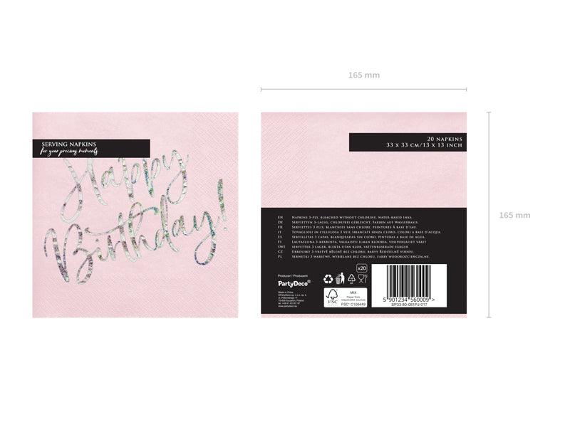 Servietten Happy Birthday, hell-puderrosa, 33x33cm (1 VPE / 20 Stk.) - FeierGlanz