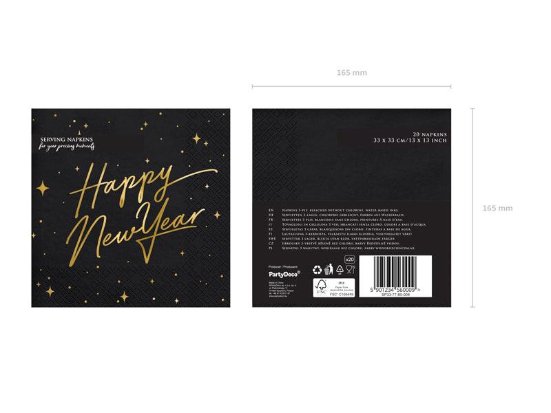 Servietten Happy New Year, schwarz, 33x33cm (1 VPE / 20 Stk.) - FeierGlanz