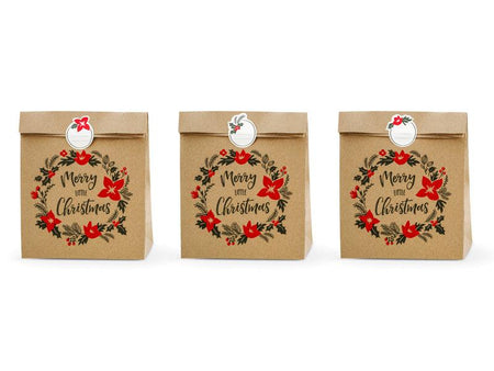 Geschenktüten Merry Little Christmas, Kraft, 25x11x27cm (1 VPE / 3 Stk.) - FeierGlanz