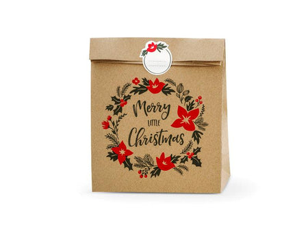 Geschenktüten Merry Little Christmas, Kraft, 25x11x27cm (1 VPE / 3 Stk.) - FeierGlanz