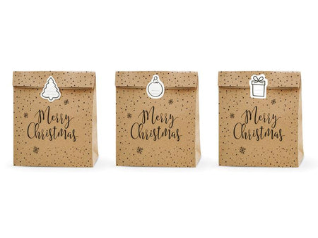 Geschenktüten Merry Christmas, Kraft, 25x11x27cm (1 VPE / 3 Stk.) - FeierGlanz