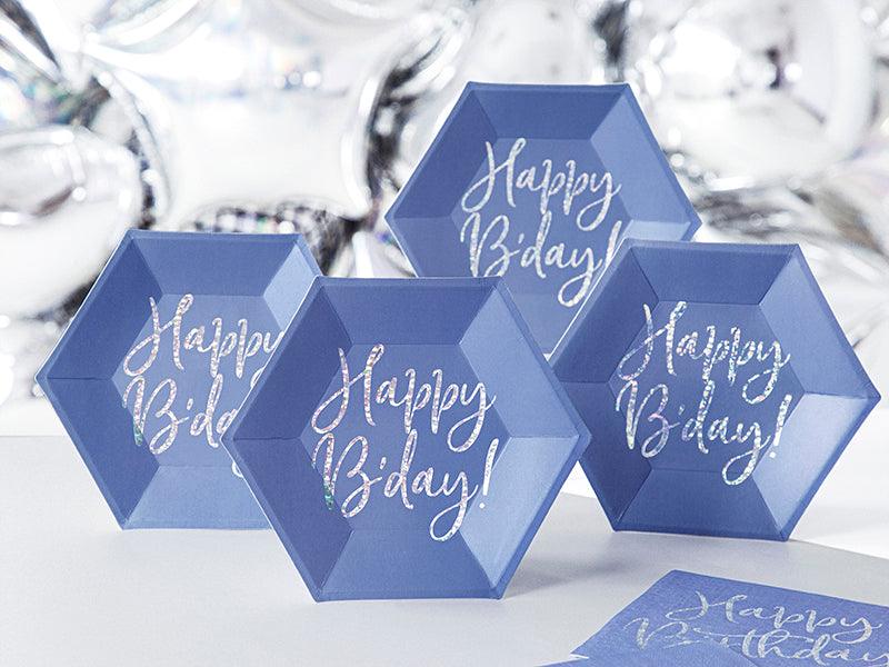 Teller Happy B'day!, marineblau, 20cm (1 VPE / 6 Stk.) - FeierGlanz