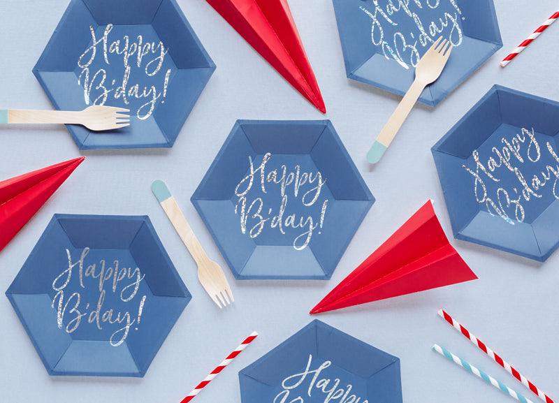 Teller Happy B'day!, marineblau, 20cm (1 VPE / 6 Stk.) - FeierGlanz