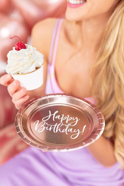 Teller Happy Birthday!, roségold, 18 cm (1 VPE / 6 Stk.) - FeierGlanz